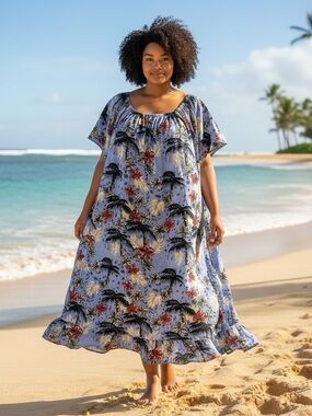 Plus-Size 5X Blue Floral Beach Caftan Dress